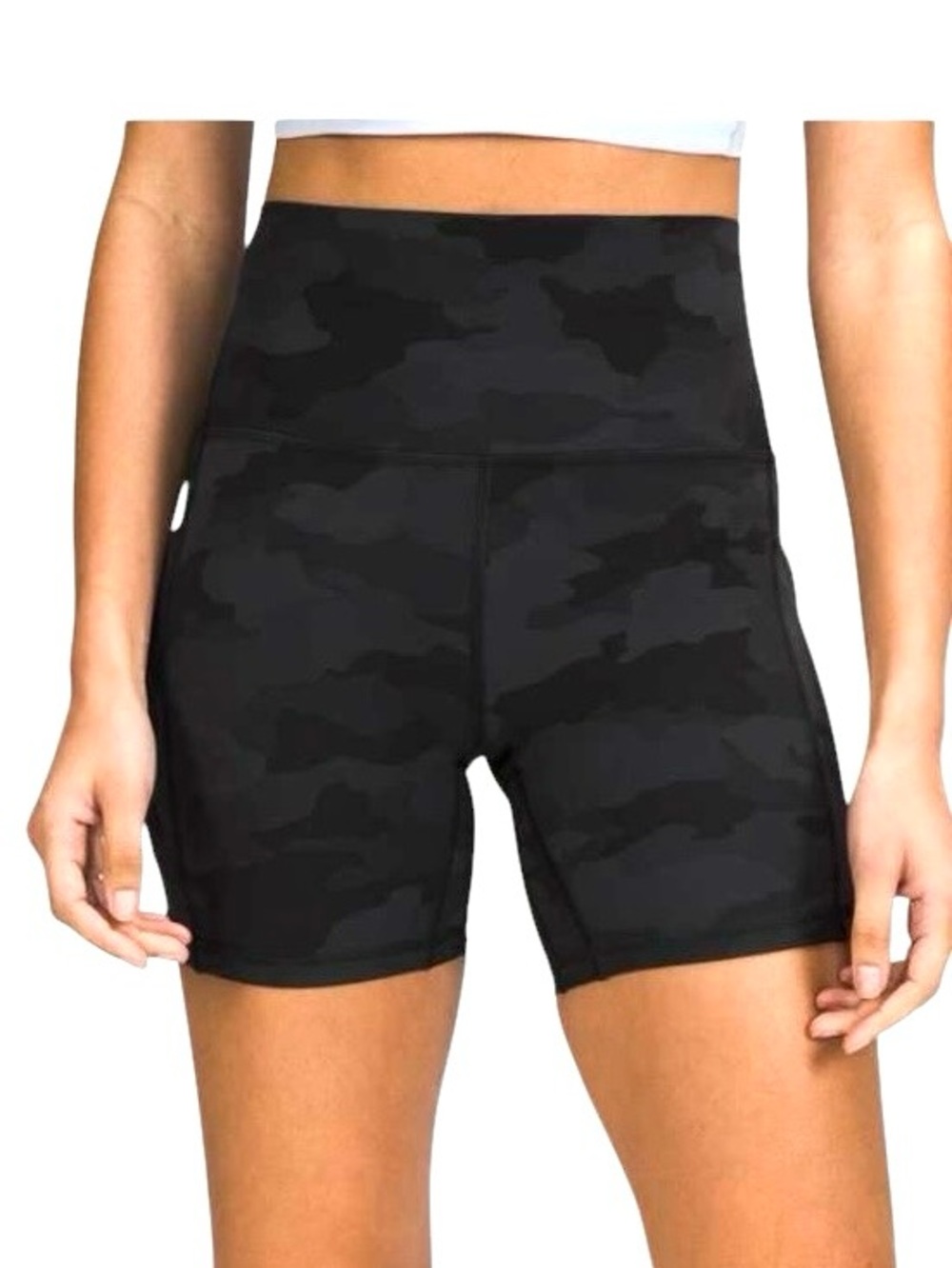 Lululemon Black Camo Shorts Size 12 High Rise Deep Pockets Activewear Yoga